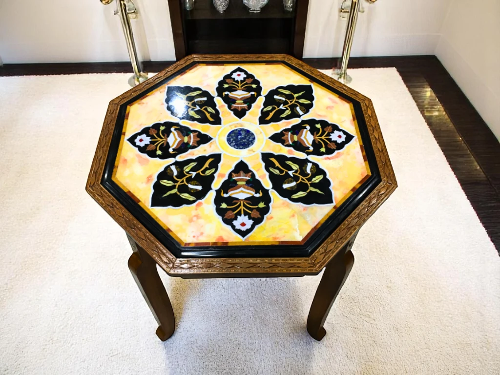 Black and Yellow Marble Side Table with Wooden Stand 